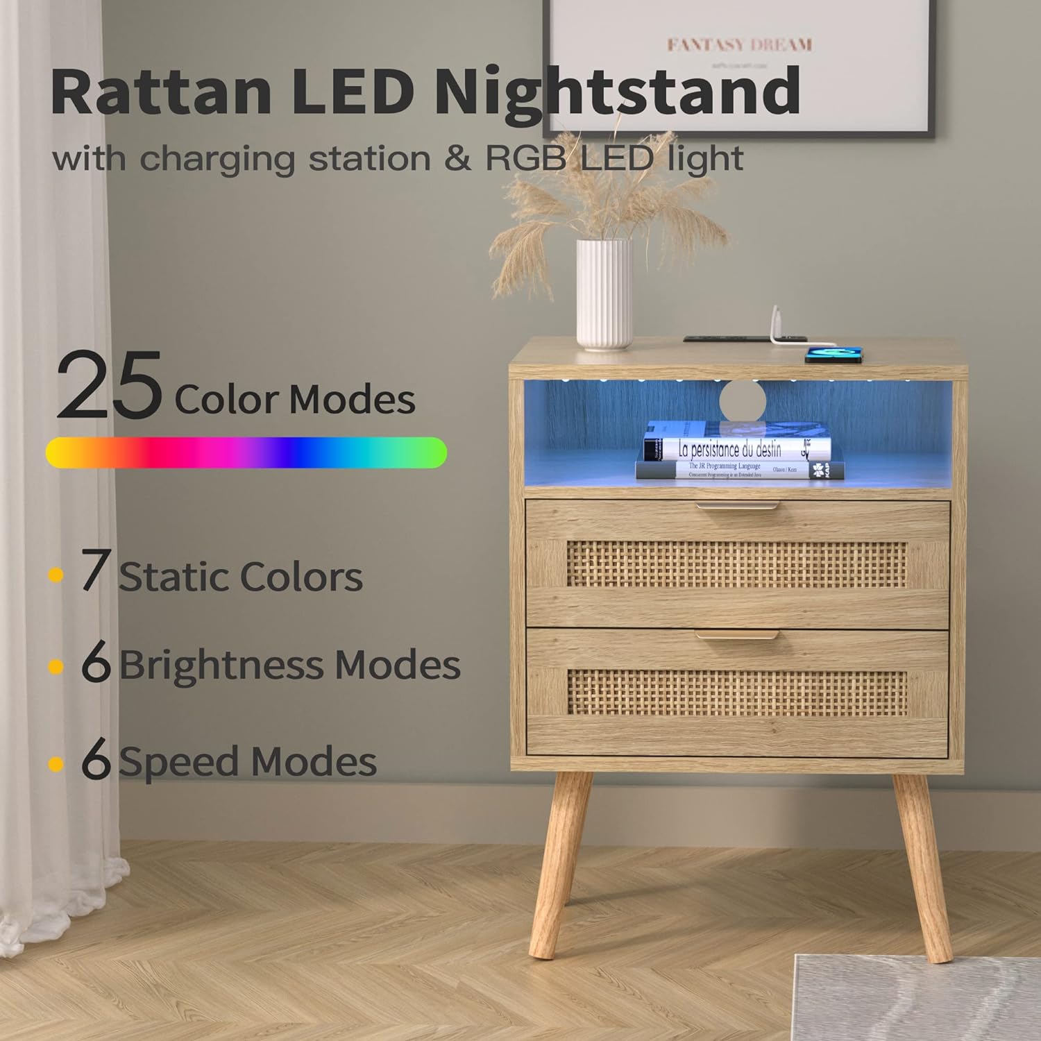 Rattan Nightstand with Charging Station