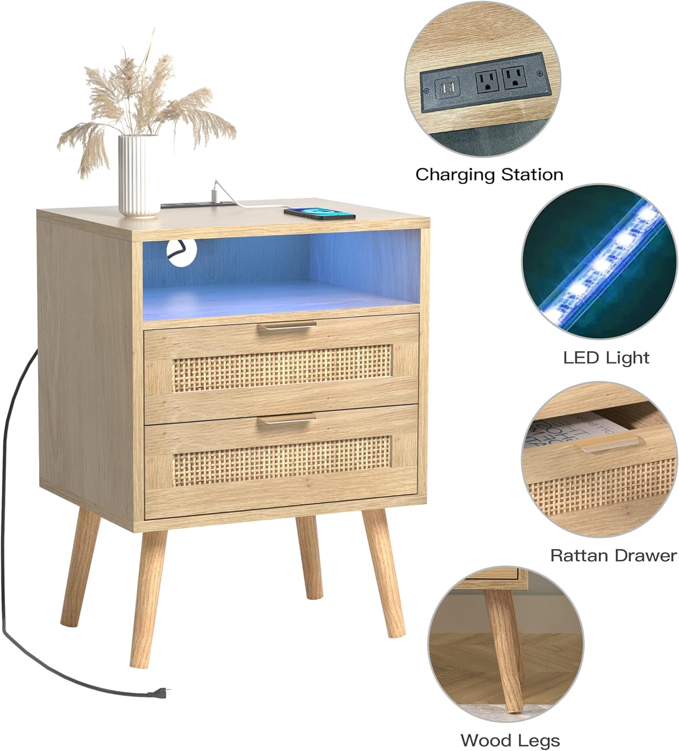 Rattan Nightstand with Charging Station