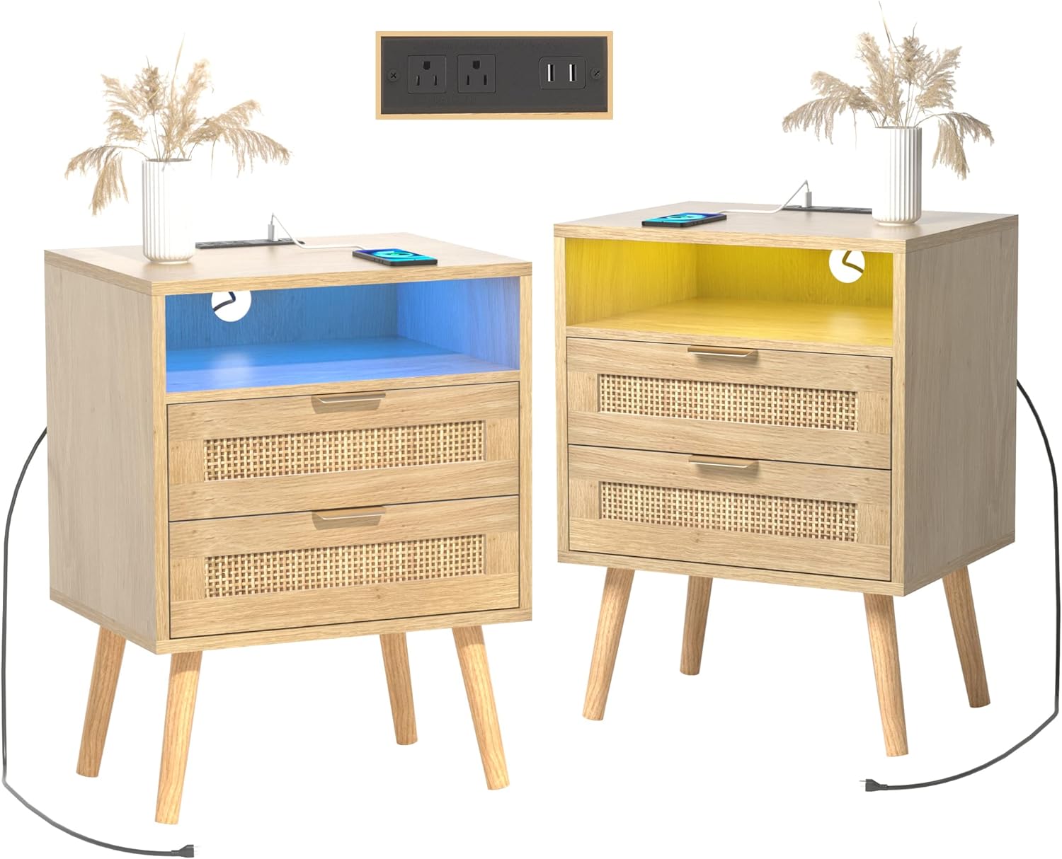 Rattan Nightstand with Charging Station