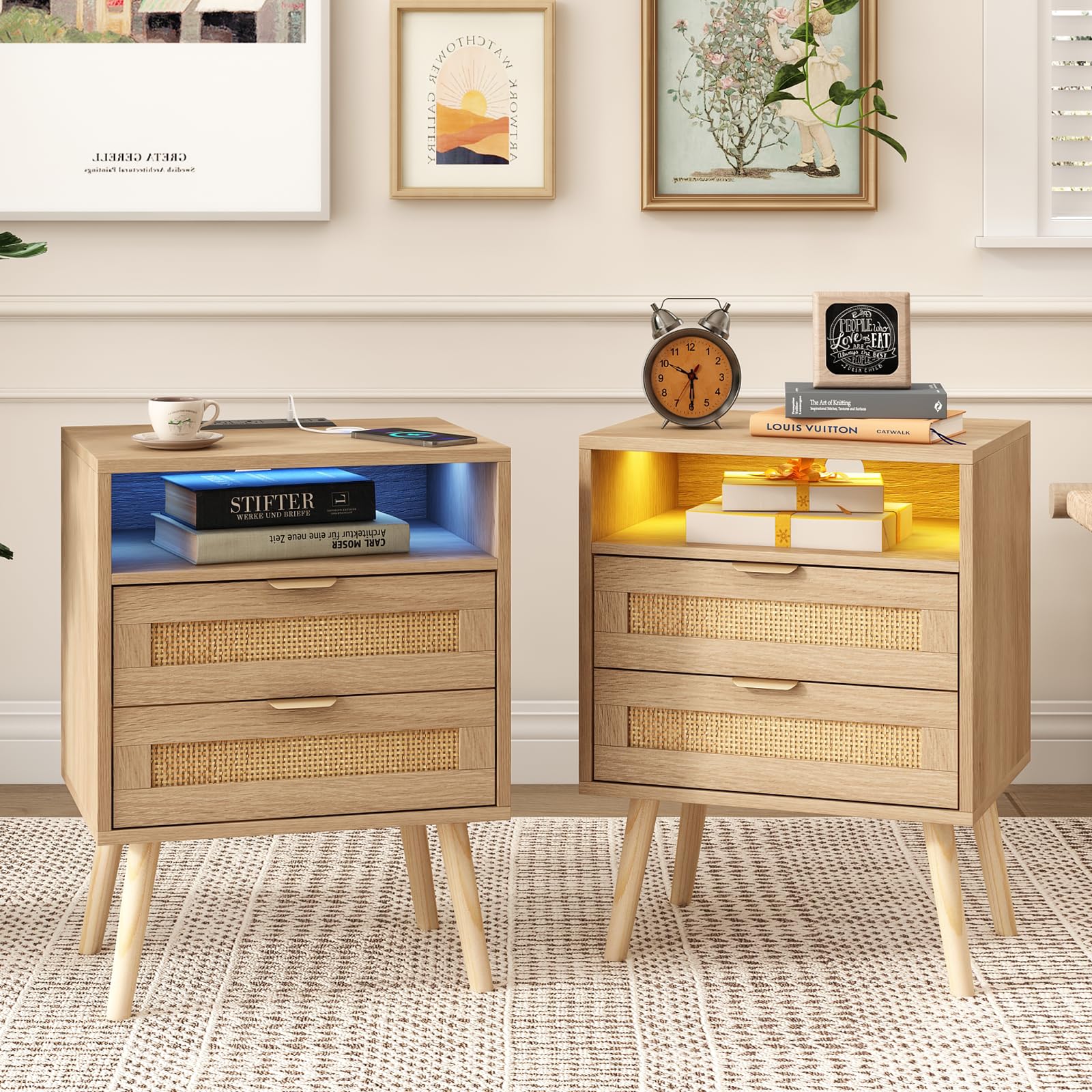 Rattan Nightstand with Charging Station