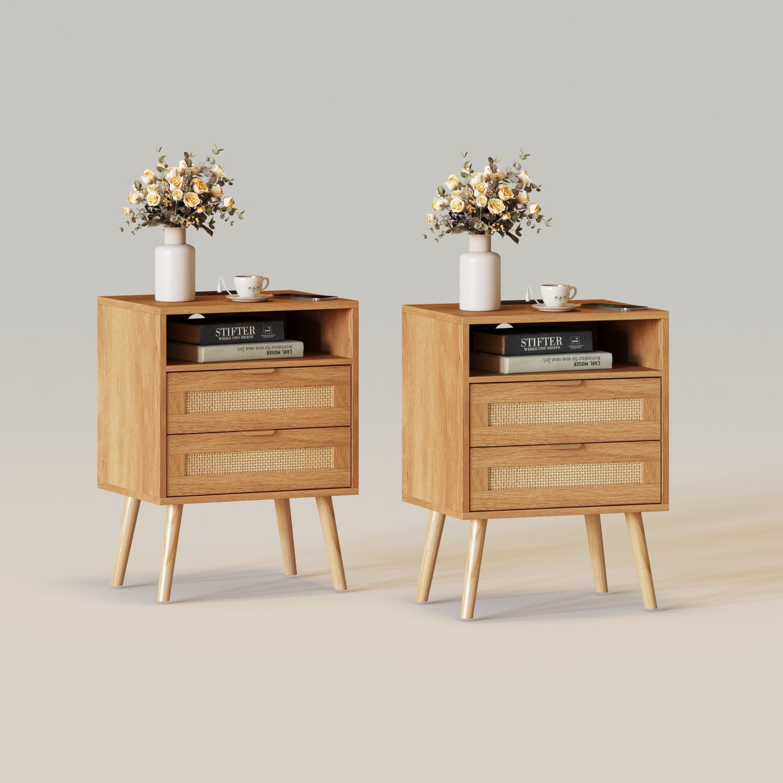 Rattan Nightstand with Charging Station