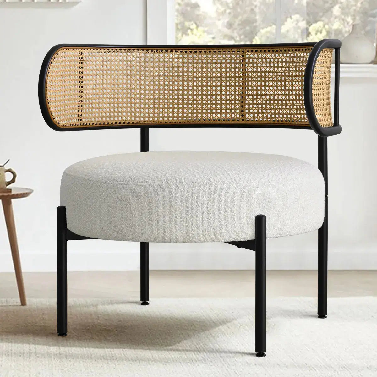 Metal Boucle Chair set Featuring Rattan Back & Rounded Seat