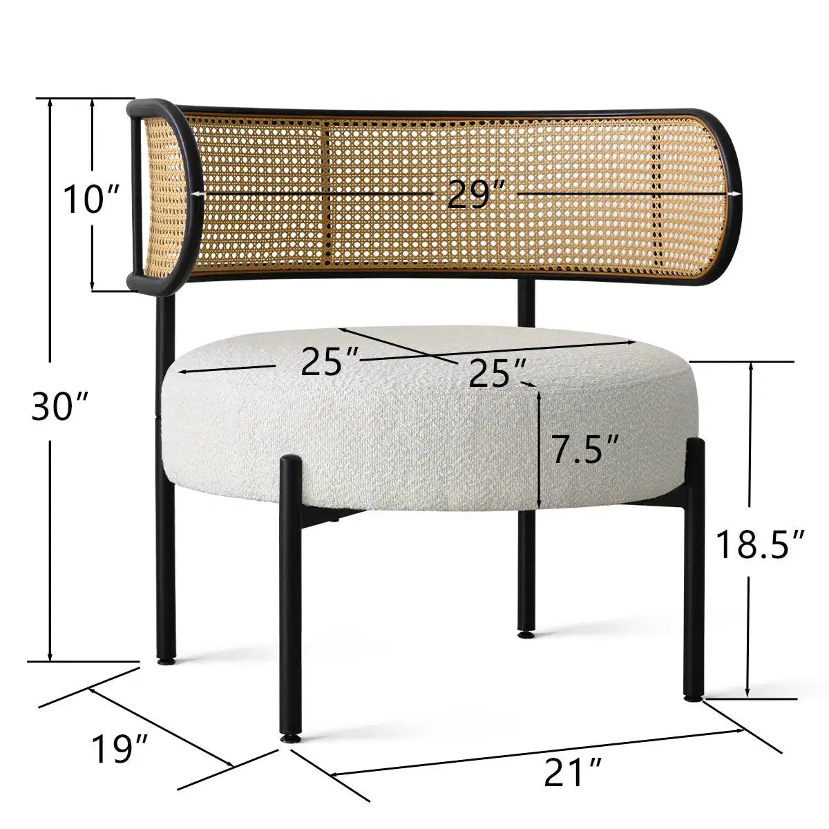 Metal Boucle Chair set Featuring Rattan Back & Rounded Seat