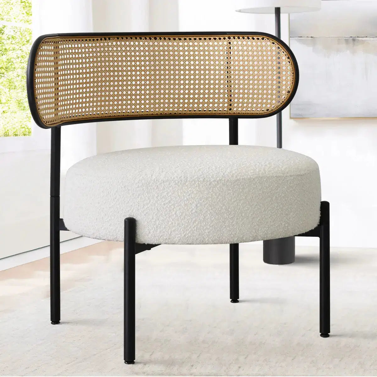Metal Boucle Chair set Featuring Rattan Back & Rounded Seat