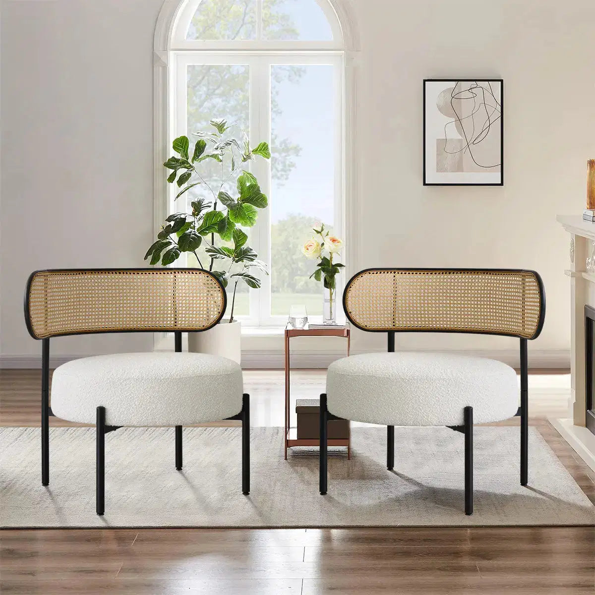 Metal Boucle Chair set Featuring Rattan Back & Rounded Seat