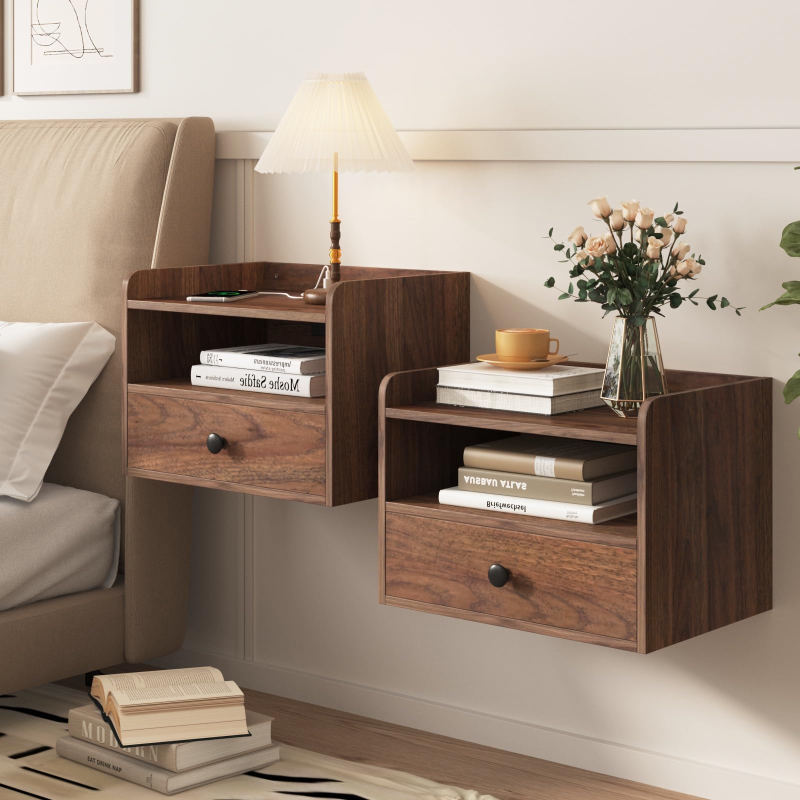 Floating Nightstand Set of 2 with Charging Station