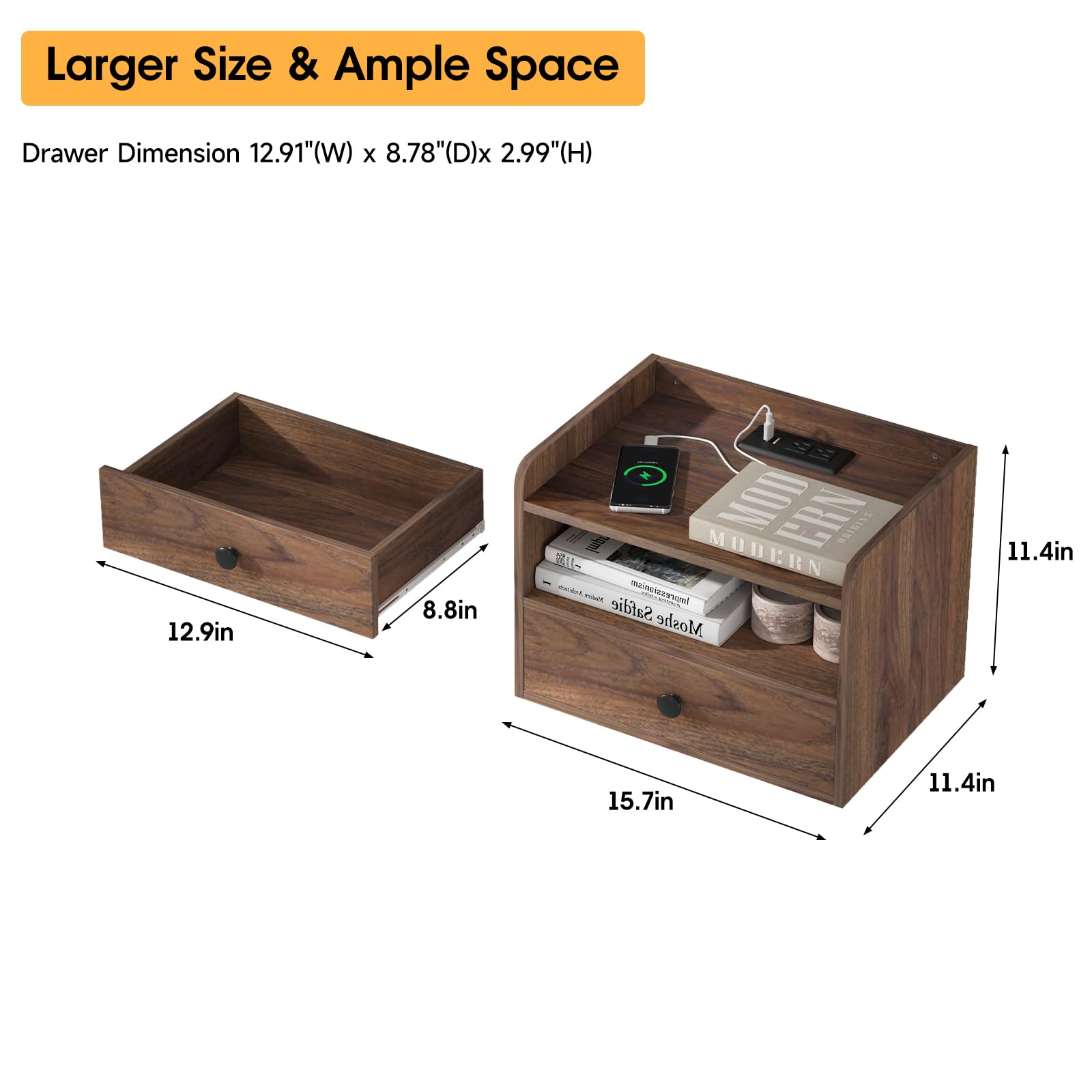 Floating Nightstand Set of 2 with Charging Station