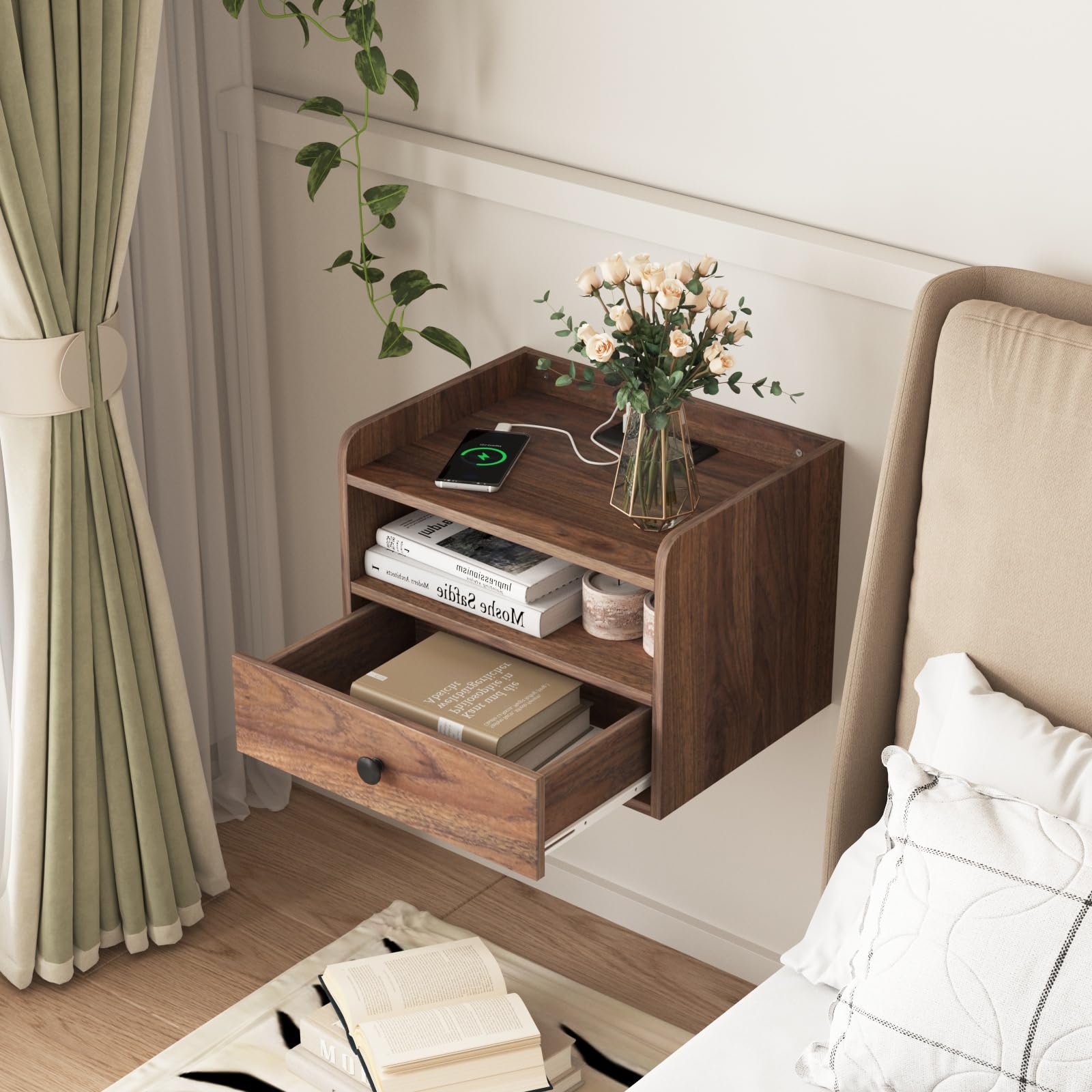 Floating Nightstand Set of 2 with Charging Station