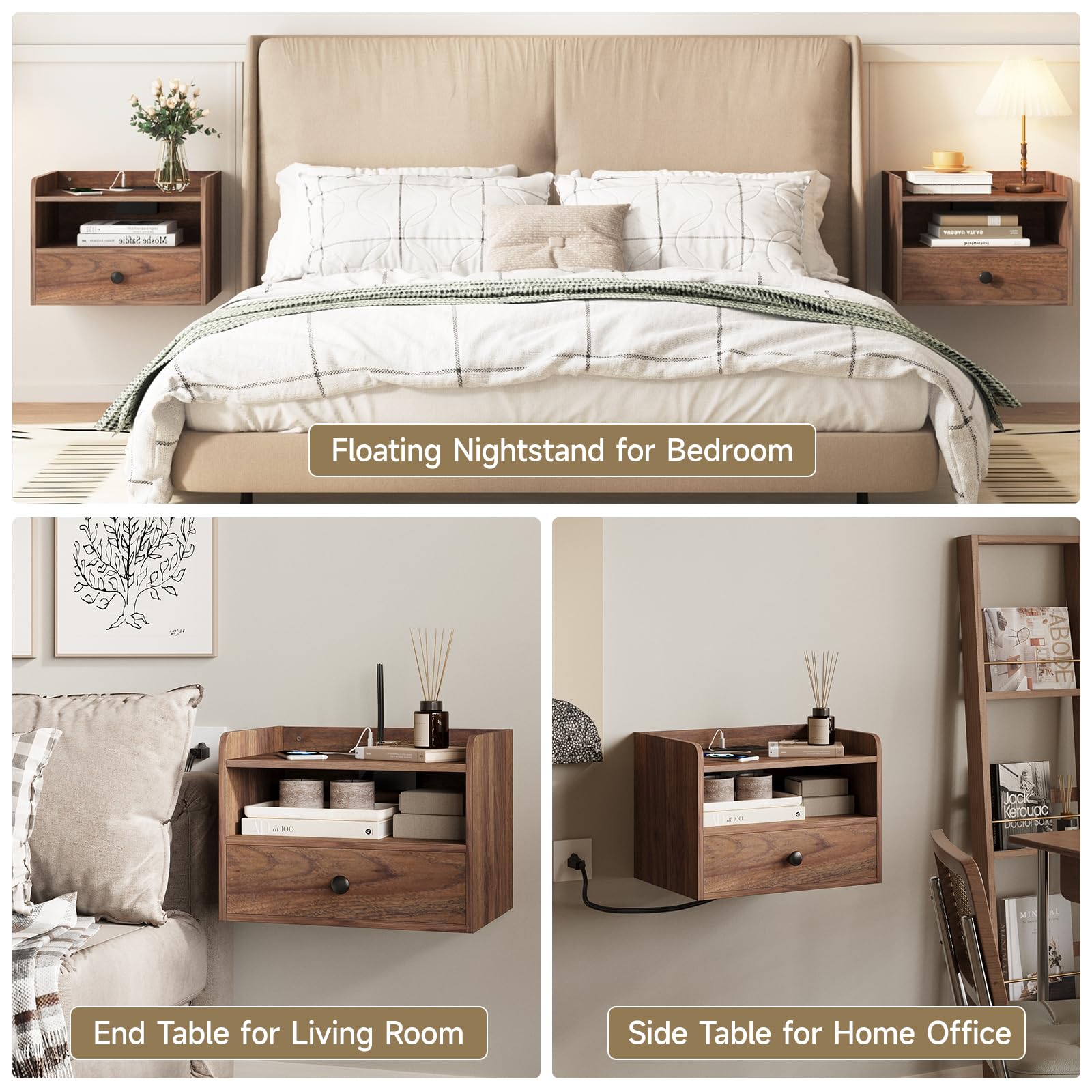Floating Nightstand Set of 2 with Charging Station