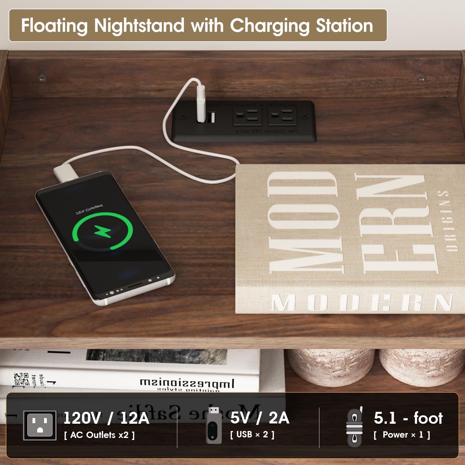 Floating Nightstand Set of 2 with Charging Station