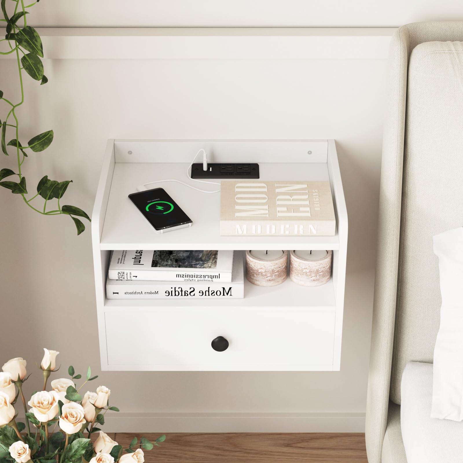 Floating Nightstand Set of 2 with Charging Station