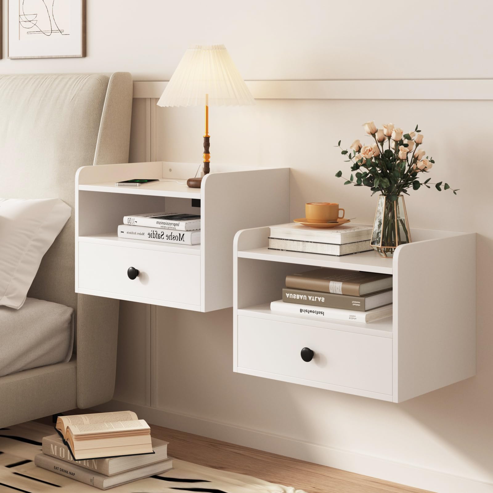 Floating Nightstand Set of 2 with Charging Station