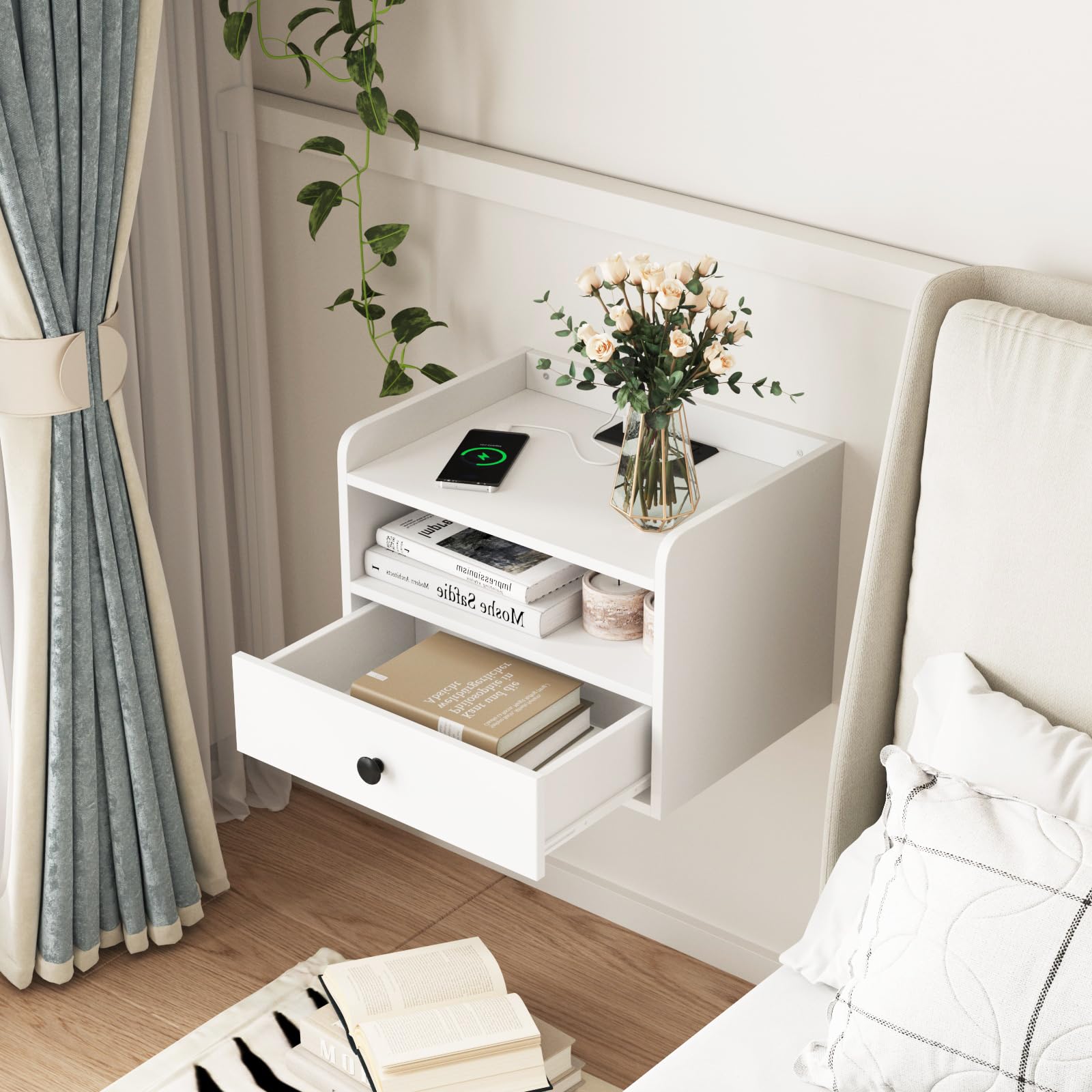 Floating Nightstand Set of 2 with Charging Station