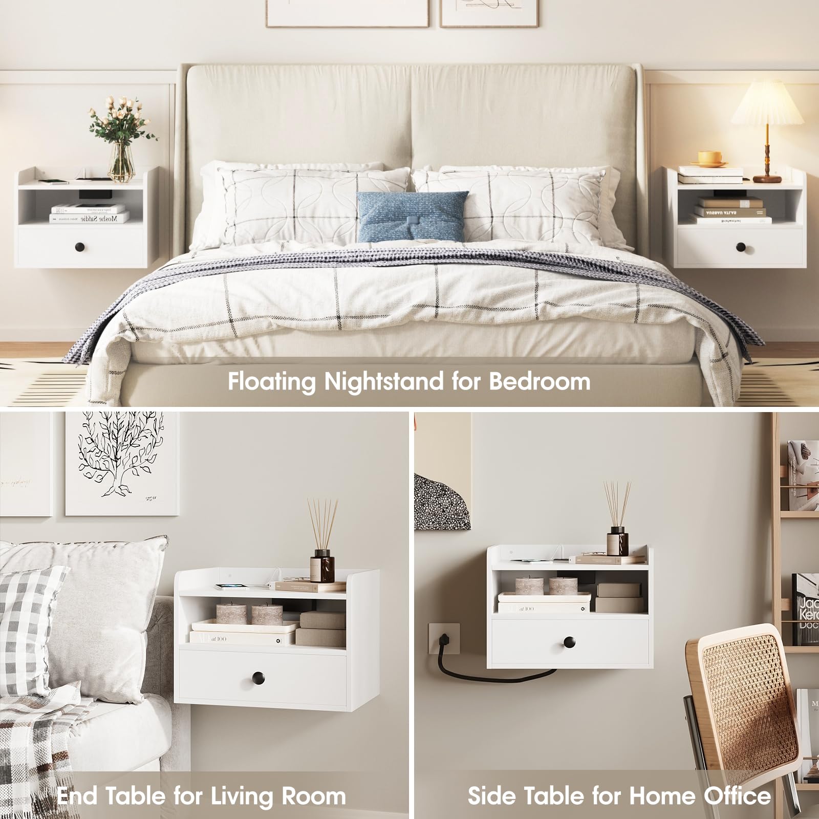 Floating Nightstand Set of 2 with Charging Station
