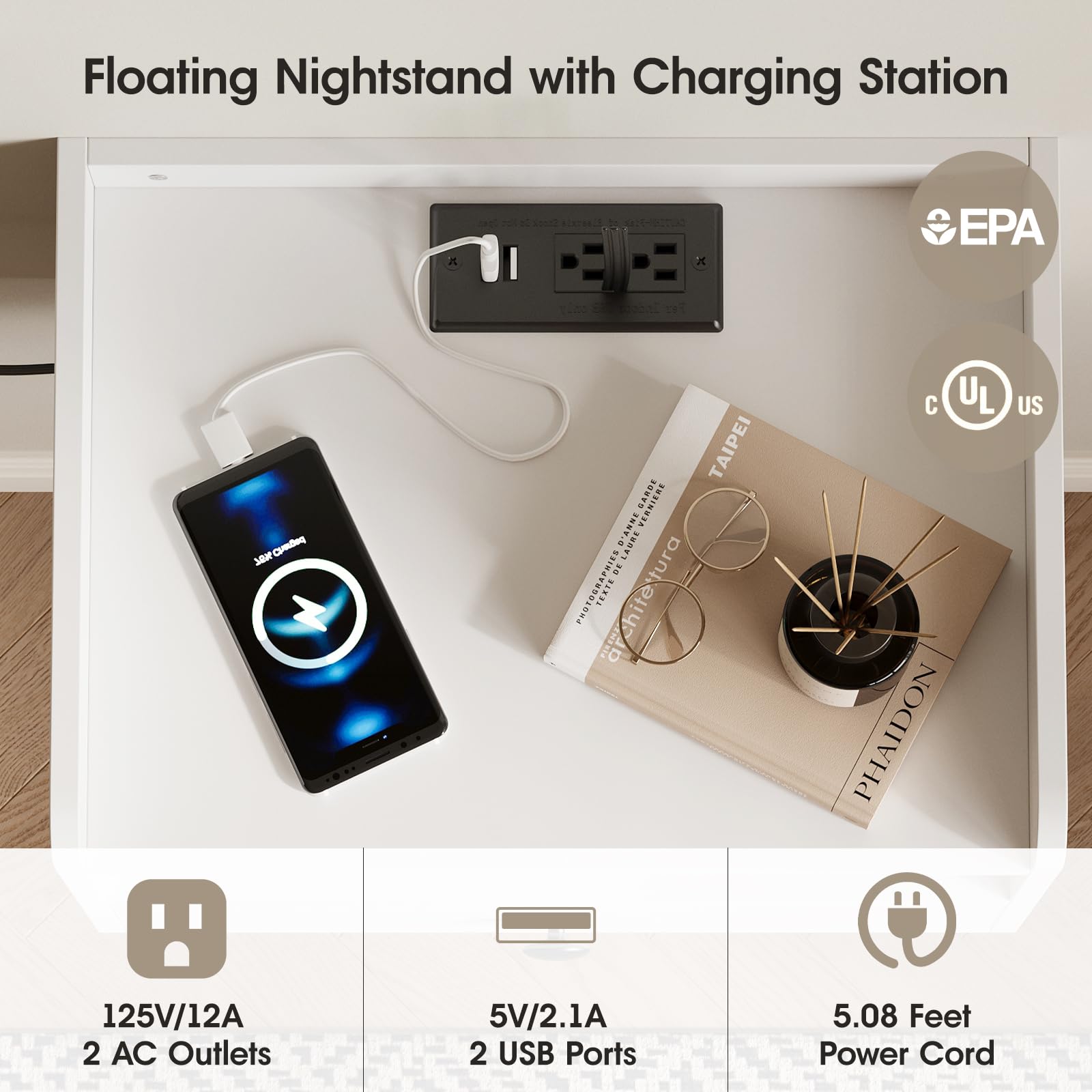 Floating Nightstand Set of 2 with Charging Station