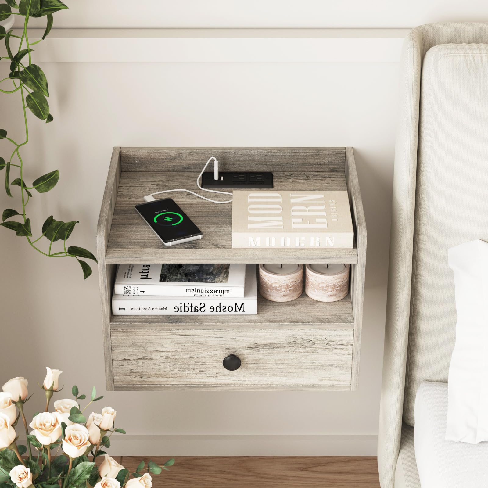 Floating Nightstand Set of 2 with Charging Station