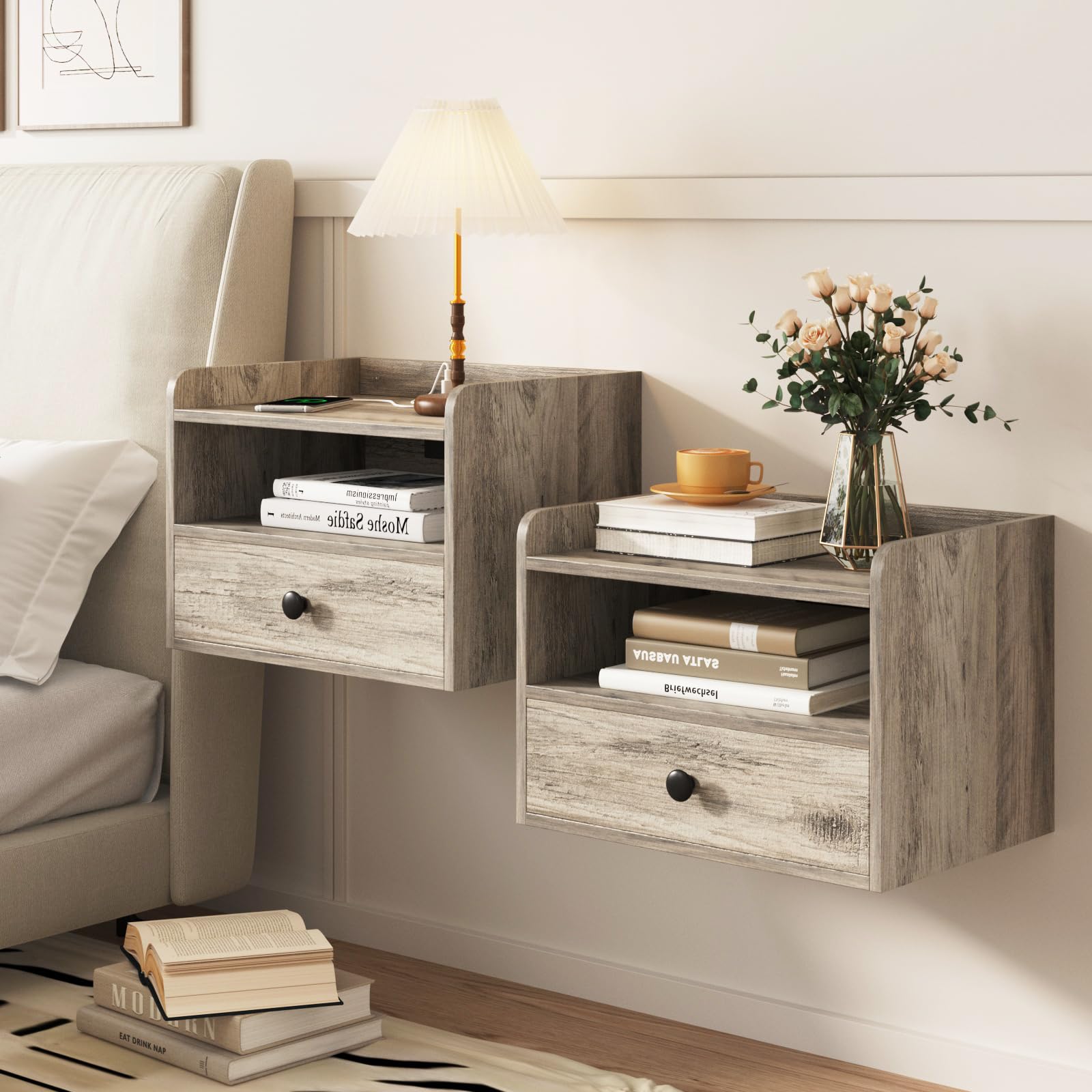 Floating Nightstand Set of 2 with Charging Station