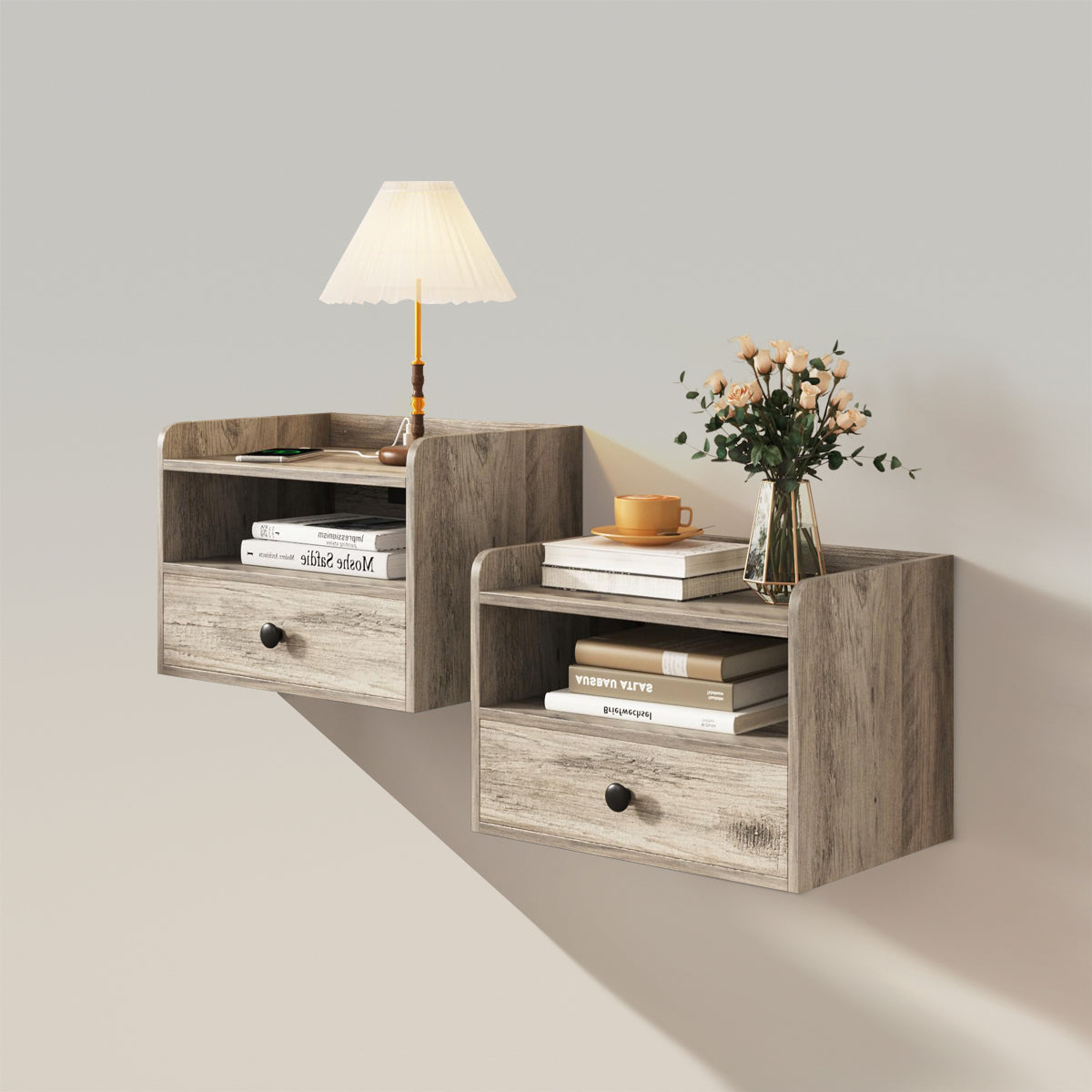 Floating Nightstand Set of 2 with Charging Station