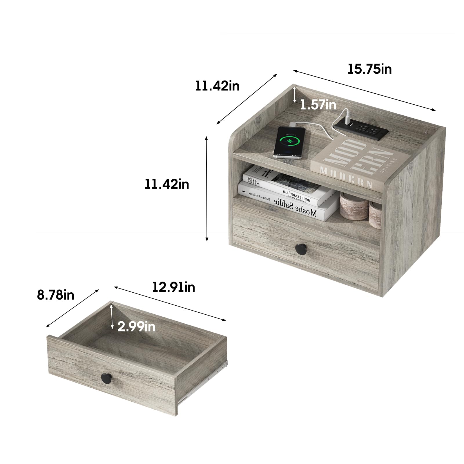 Floating Nightstand Set of 2 with Charging Station
