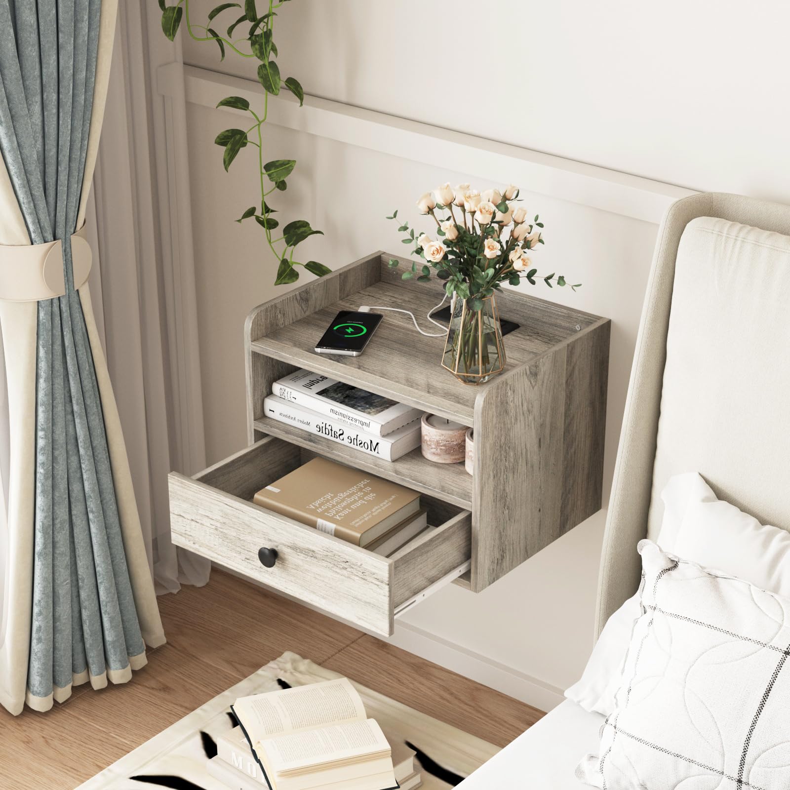Floating Nightstand Set of 2 with Charging Station