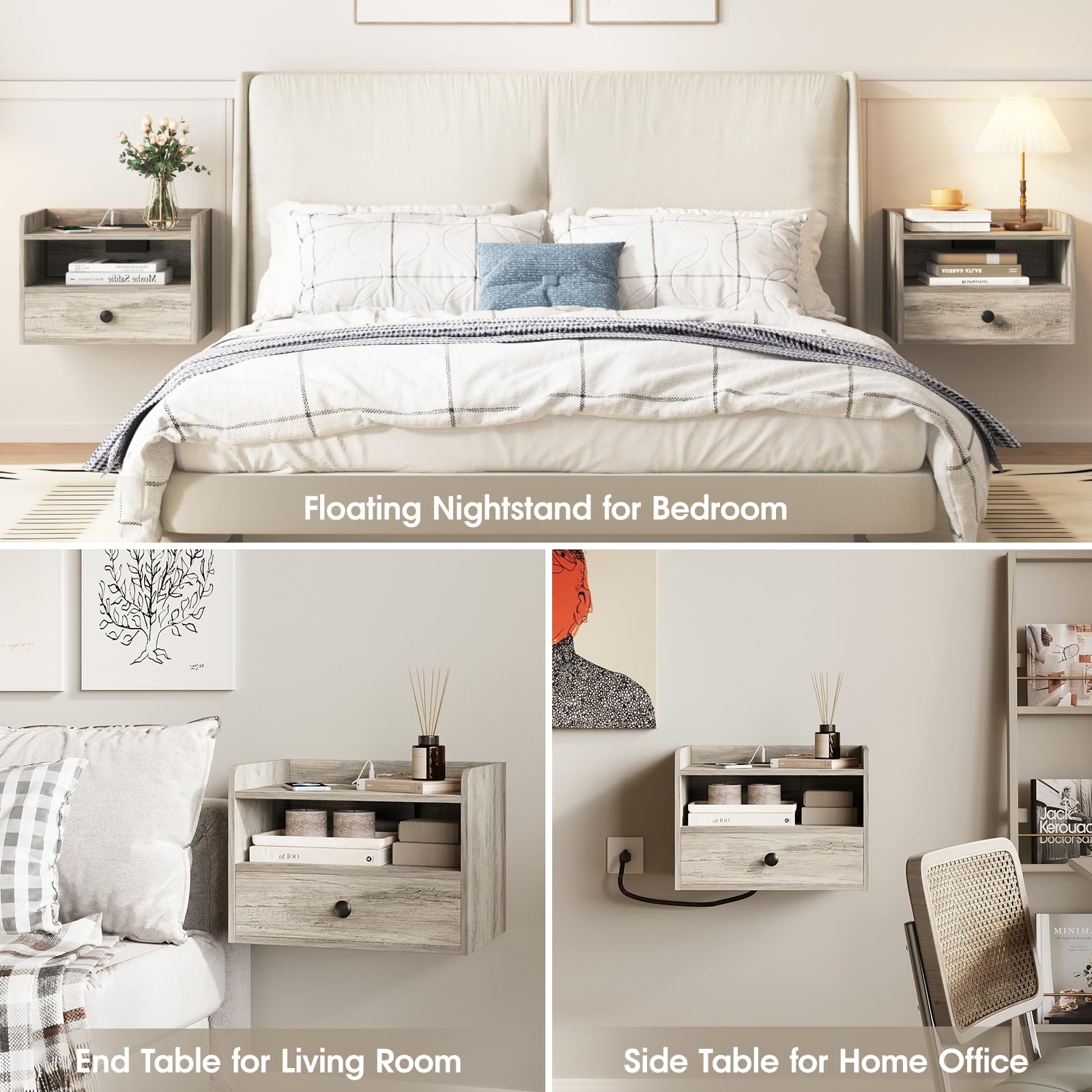 Floating Nightstand Set of 2 with Charging Station
