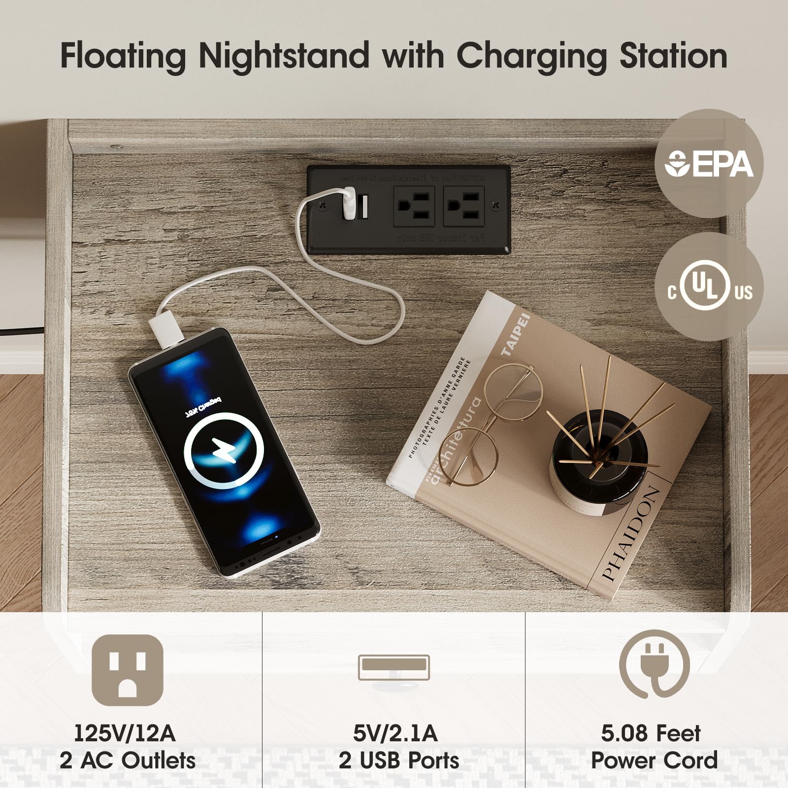 Floating Nightstand Set of 2 with Charging Station