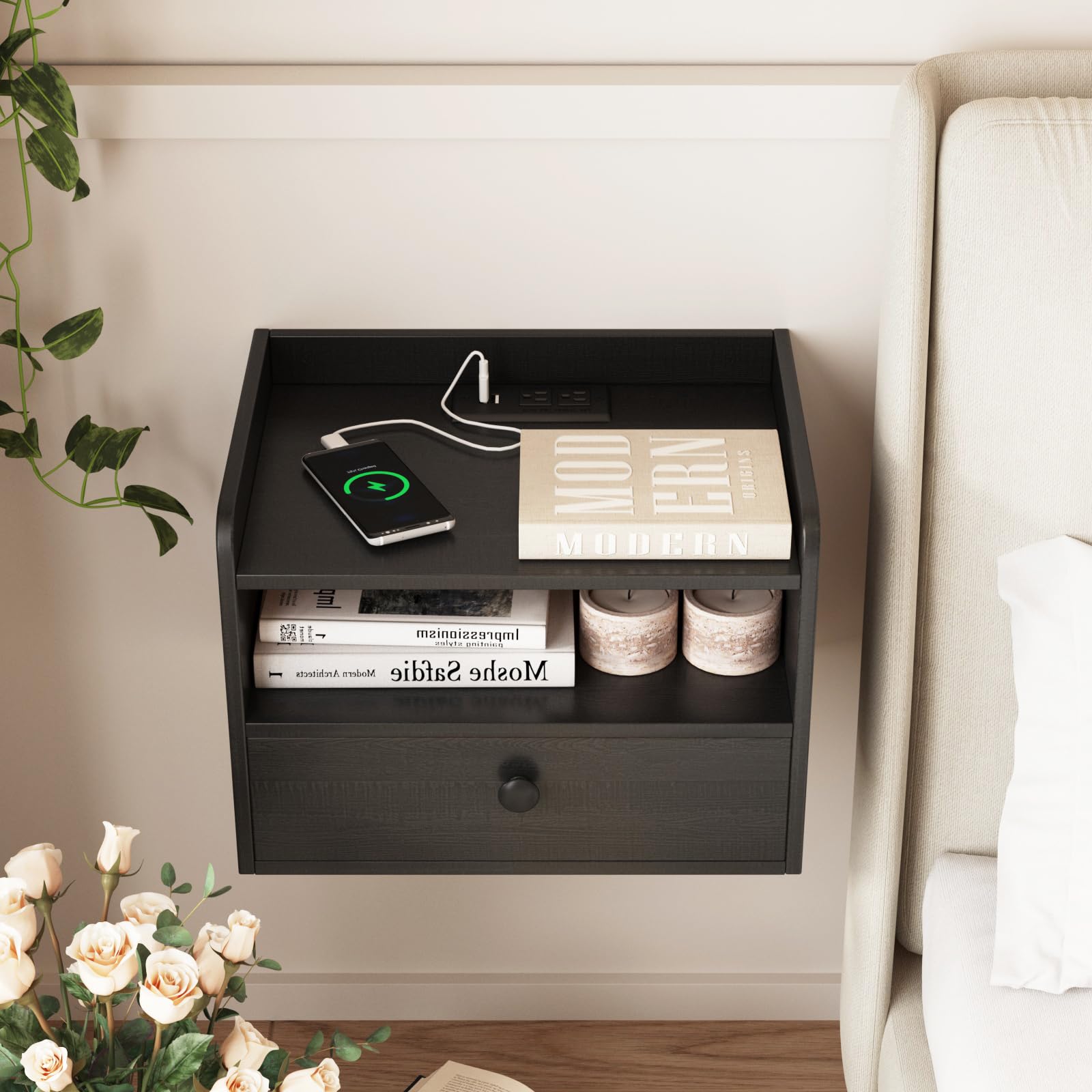 Floating Nightstand Set of 2 with Charging Station