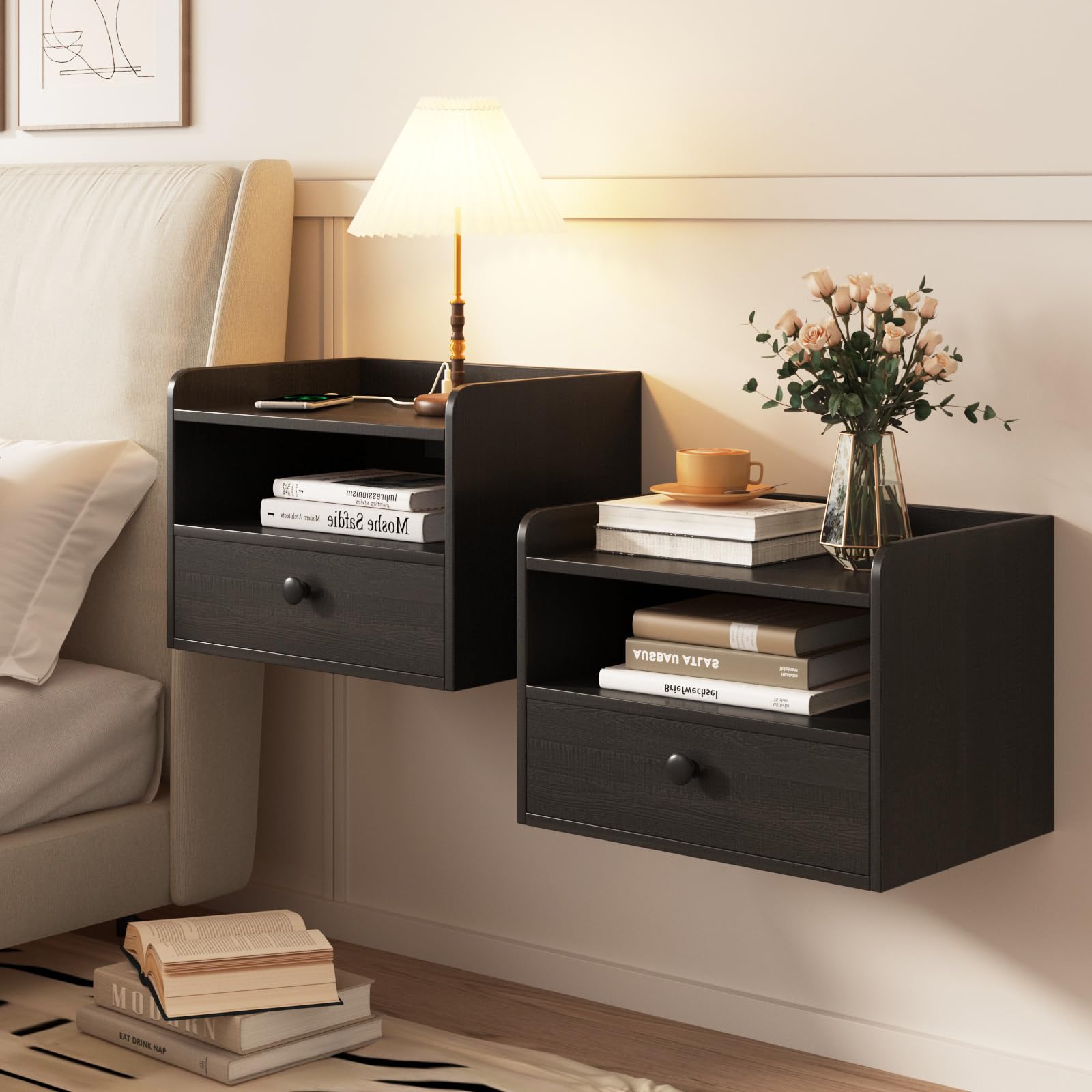 Floating Nightstand Set of 2 with Charging Station
