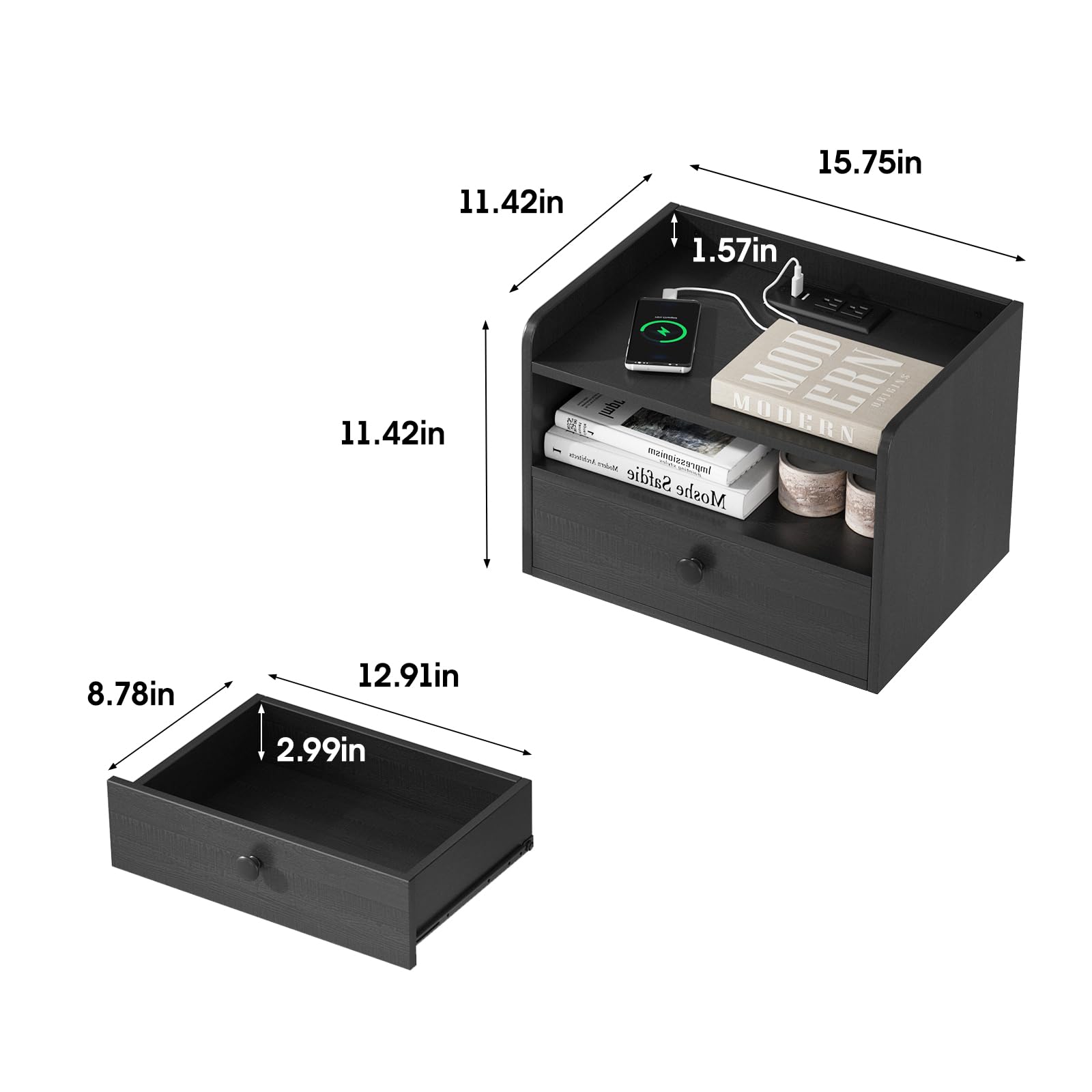 Floating Nightstand Set of 2 with Charging Station