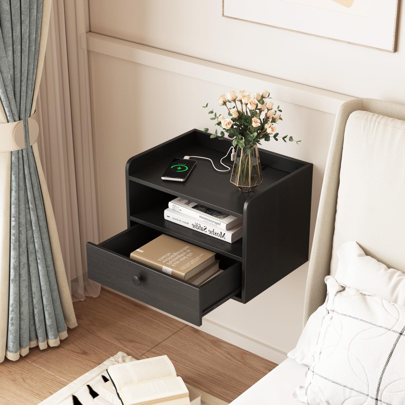 Floating Nightstand Set of 2 with Charging Station