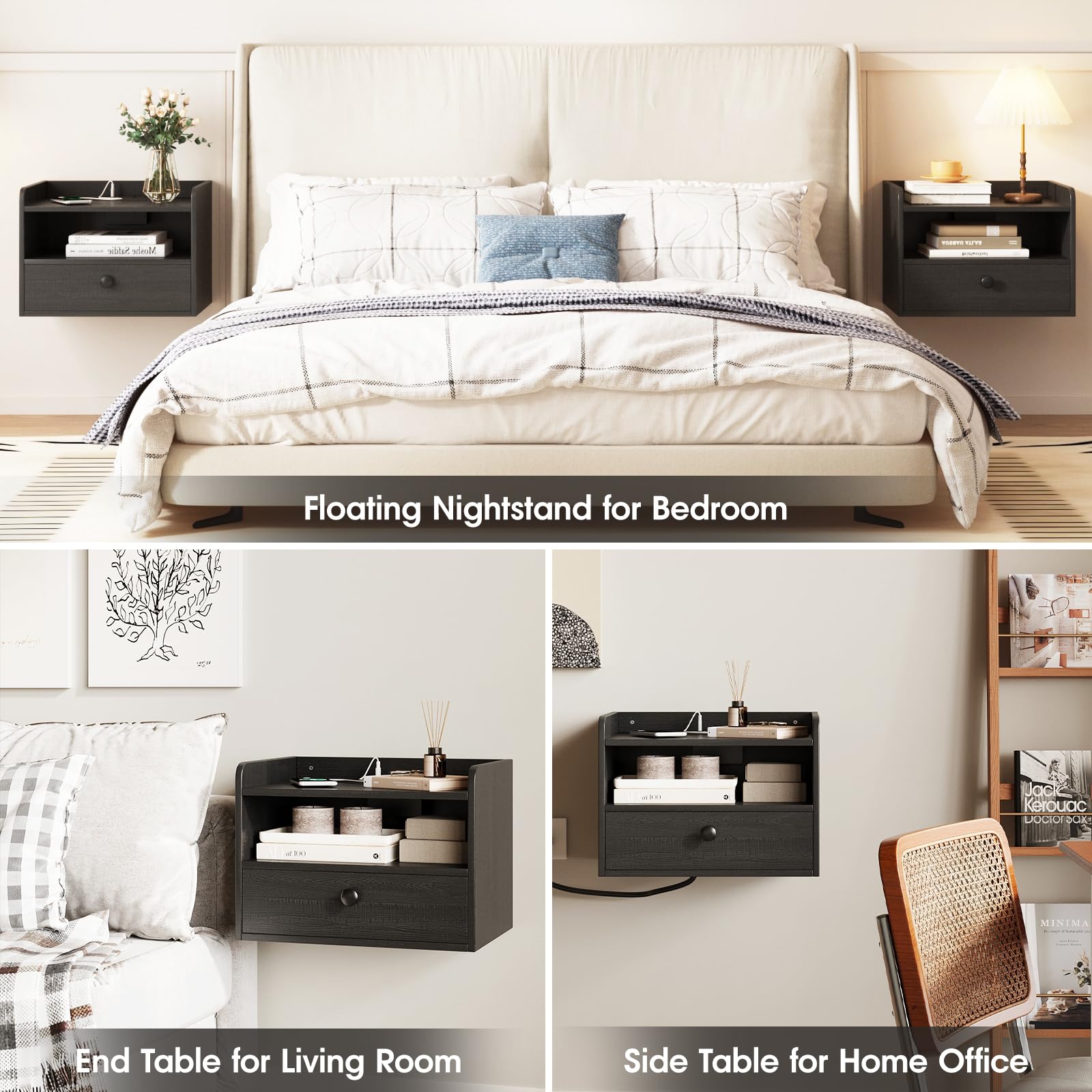 Floating Nightstand Set of 2 with Charging Station