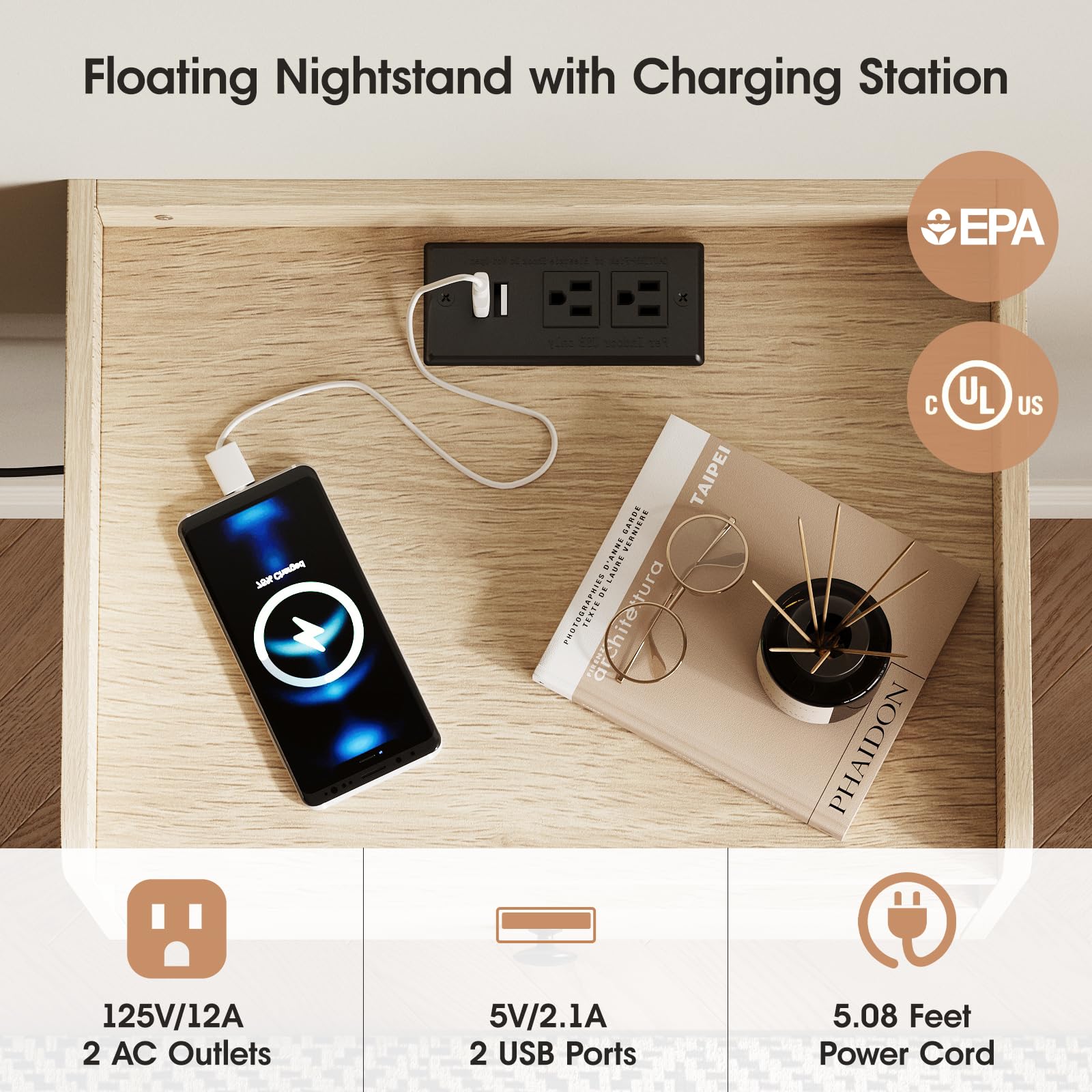 Floating Nightstand Set of 2 with Charging Station