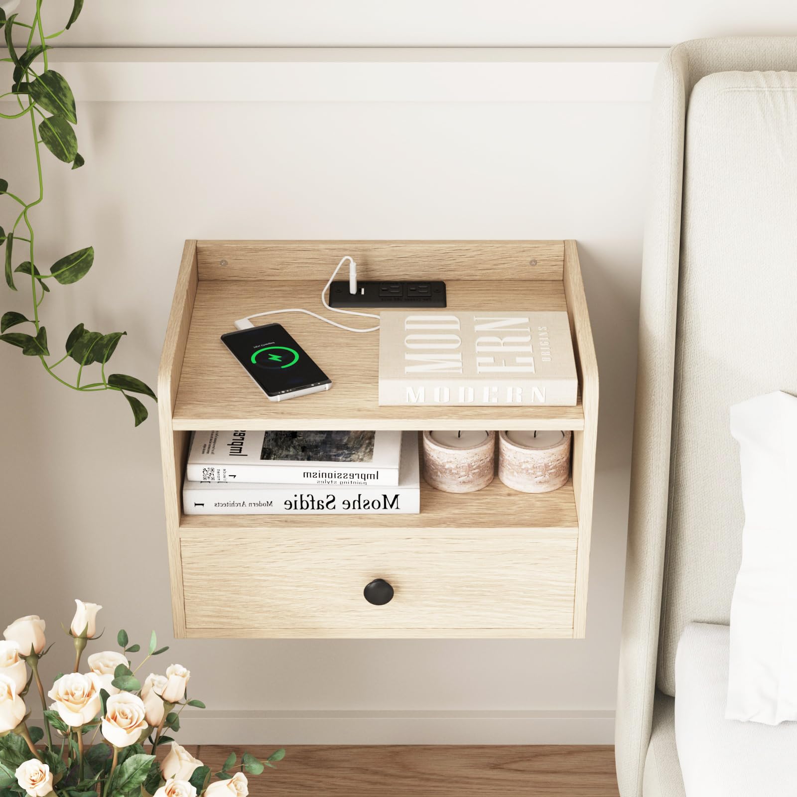 Floating Nightstand Set of 2 with Charging Station