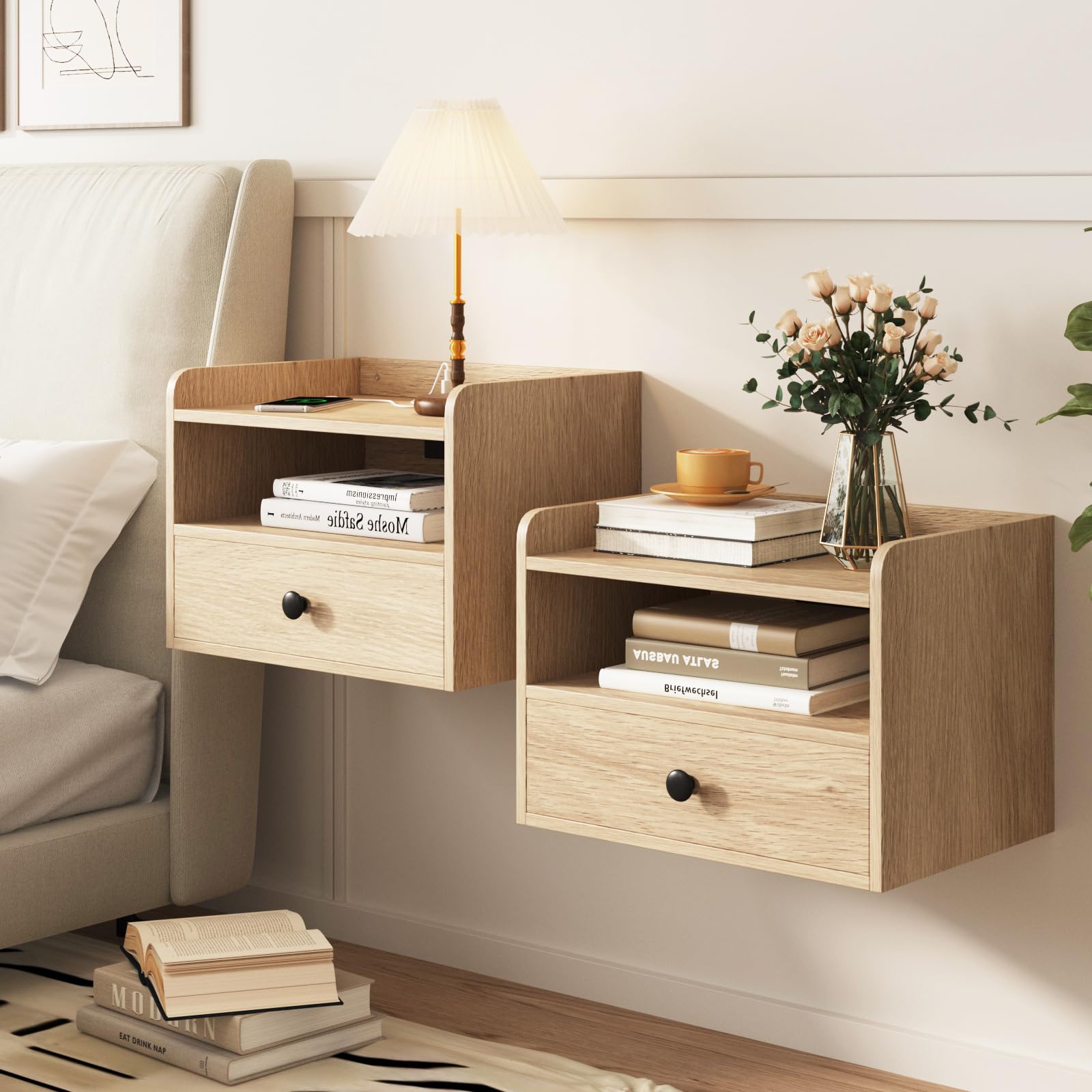 Floating Nightstand Set of 2 with Charging Station
