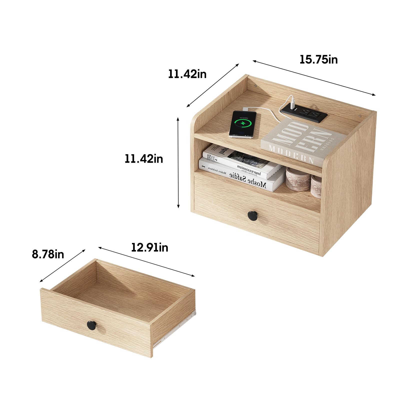 Floating Nightstand Set of 2 with Charging Station