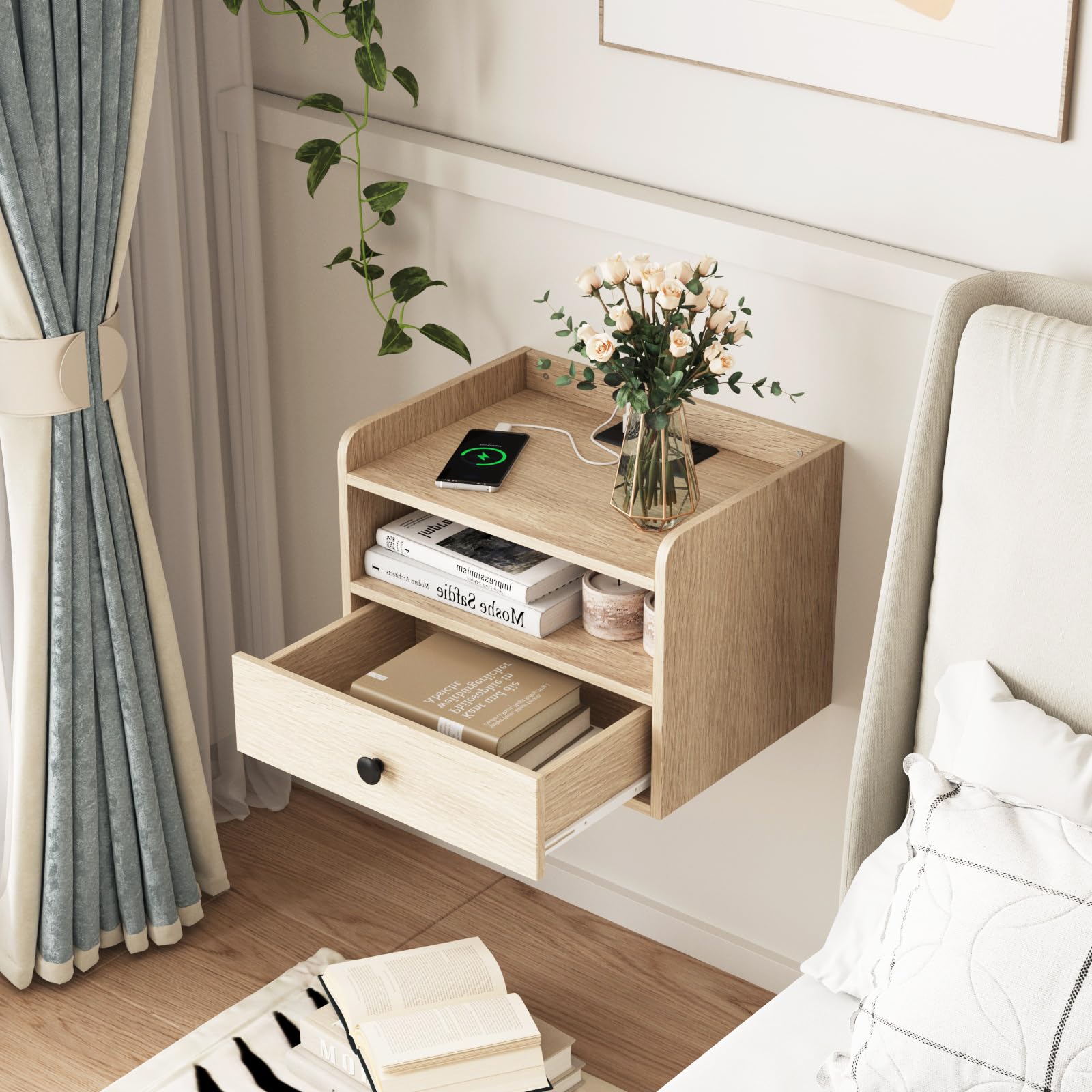 Floating Nightstand Set of 2 with Charging Station