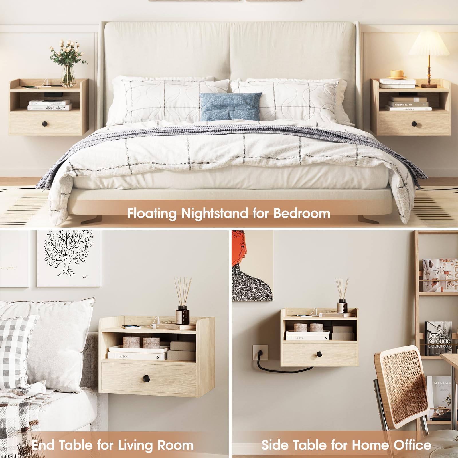 Floating Nightstand Set of 2 with Charging Station