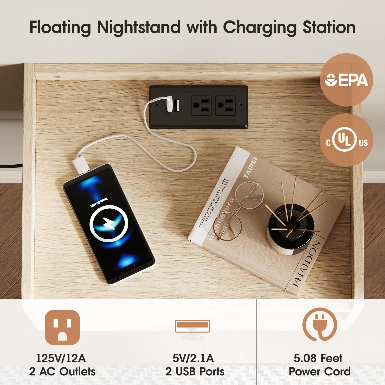Floating Nightstand Set of 2 with Charging Station